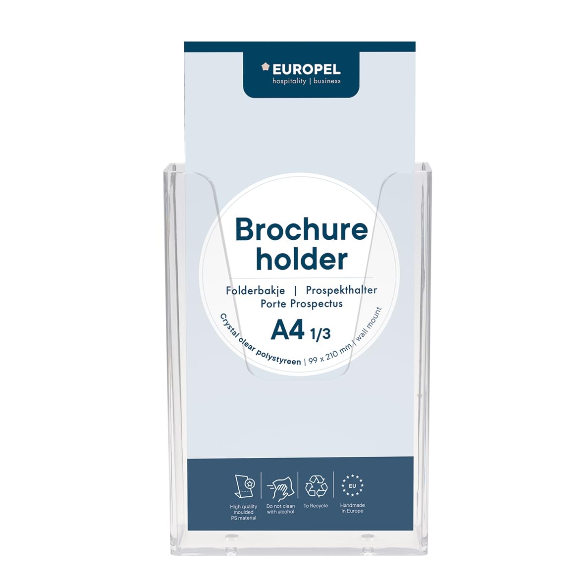 Europel Wall Mounted Brochure Holder | For 1/3 A4 Size | Clear Acrylic Literature Stand & Dispenser|Booklet, Flyer & Menu Display & Dispenser for Office, Restaurants & Reception|portrait, 99 x 210 mm