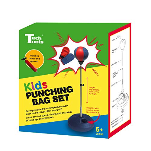 Tech Tools Punching Bag for Kids, Boxing Set with Stand and Kids Boxing Gloves Included - Height Adjustable - Great Exercise & Fun Activity for Kids Ages 4-12 (Kids Freestanding)