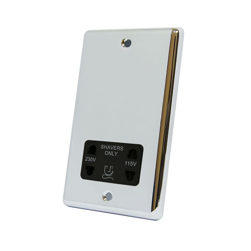 AET CPCSHABL 115/230 V 2-Gang Classical Chrome Polished Shaver Socket with Black Insert