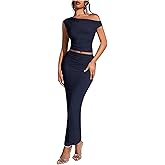 WDIRARA Women's Solid Asymmetrical Neck Two Piece Set One Shoulder Bodycon Maxi Skirt Set