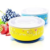 Baby Mate 2PCS Detachable Double Layer Toddler Bowls with Suction Cups & Lids (12oz/350ml, Yellow & Blue) - Suction Bowl for Toddlers Bowls for Babies - Stainless Steel Baby Bowl Set Baby Shower Gifts