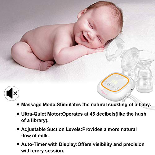 Electric Breast Pump, Double Portable Breast Feeding Pumps with 4 Modes and 16 Adjustable Suction Power Nursing Breast Massage Ultra-Quiet, BPA Free and Hospital Grade Hands Free Pumps Kit