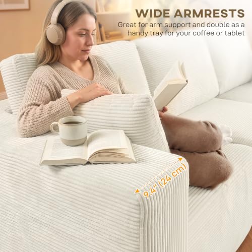 HOMCOM 105" L-Shaped Modular Sectional Sofa, Boneless Cloud Couch with Deep Seat, Wide Armrests, Pillows, 2-in-1 Corduroy Sofa Bed for Living Room, No Assembly Required, Cream