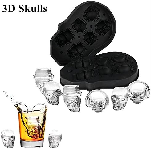 Ice Cube Trays, 3D Skull Flexible Silicone Ice Cube Mold Tray, Six Giant Skulls, Large Round Ice Cube Maker for Whiskey, Cocktail, Beverages and More - Black