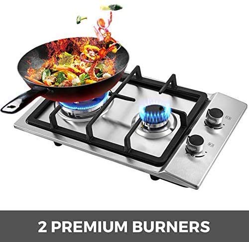 12" Gas Cooktops, 2 Burner Drop-in Propane/Natural Gas Cooker, 12 Inch Stainless Steel Gas Stove Top Dual Fuel Easy to Clean (12Wx20L)