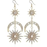 ZHOUMEIWENSP Exaggerated Punk Sun and Moon Earrings Crescent Moon Star Pendant Rhinestone Boho Vintage Earrings for Women