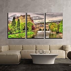 3 Piece Canvas Wall Art - View of Bath Town Over The River Avon - England - Modern Home Art Stretched and Framed Ready to Hang - 16"x24"x3 Panels