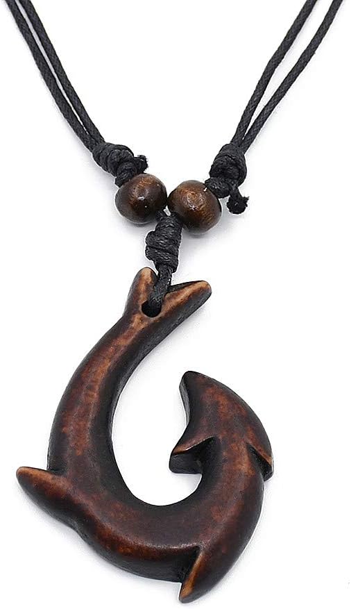 Lemu Jewelry Hawaiian Maori Fish Hook Necklace Pendant Hemp Cord Chain for Mens Womens