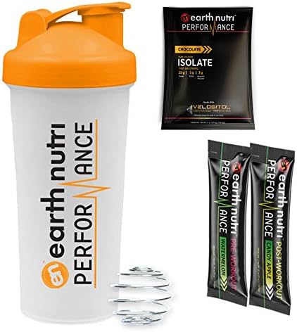 EarthNutri Performance Samples with Plastic Shaker: Includes 1 Whey Isolate Protein Sample, 1 Pre-Workout Sample, and 1 Post-Workout Sample (Chocolate Protein Sample)
