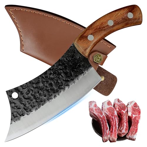 Cuchillo Vikingo Martillado de Acero de Alto Carbono, Cuchillo Carnicero Forjado a Mano con Vaina, para Hogar, Camping, Barbacoa, Restaurante, Corte de Carne