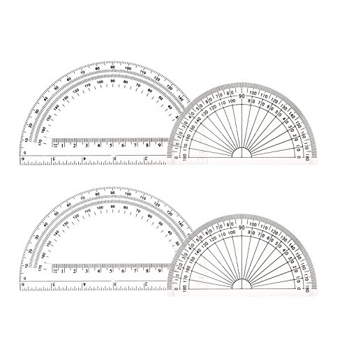 Math Protractors Plastic Protractor 180 Degrees, Clear, (2 Pack-4 in and 2 Pack-6 in)