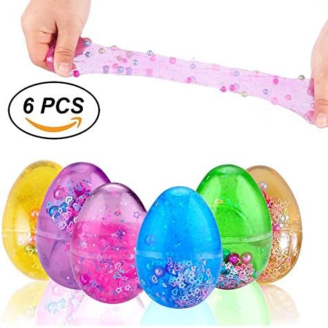 Soft Egg Slime,Colorful Fluffy Slime Scented Stress Relief Toy Sludge Toys with Pearl and Beads in Easter Eggs (6 Pack)