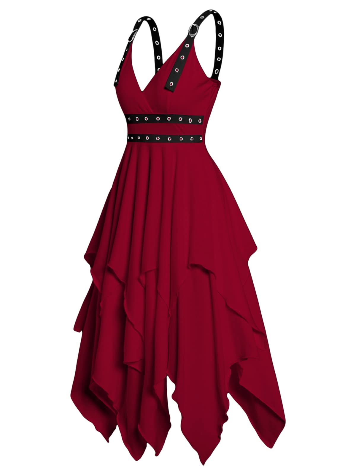 Photo 1 of DRESSFO Women's Casual Sleeveless V Neck Tiered A Line Flowy Wrap Gothic Dress (Deep_Red_1/1X)