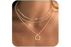 Bvuem Layered Choker Necklaces, 14k Gold Plated/Sterling Silver Stackable Circle Pendant Chain Necklace Set