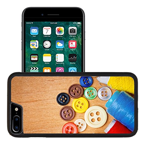 Liili Premium Apple iPhone 7 plus iPhone 8 plus Aluminum Snap Case Colorful sewing buttons and thread reels on a wooden background with space for text IMAGE ID 12748222