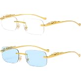 TOSGMLOUS Vintage Small Rimless Rectangle Sunglasses Metal Gold Silver Leopard Eyewear for Women Men