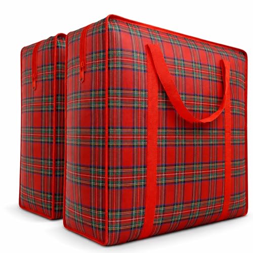 82L Extra Large JUMBO 190 GSM Oxford Fabric Waterproof Storage Bags with Zipper & Strong Handles – Heavy Duty Reusable for Moving, Laundry & Bedding (2 PCS RED)