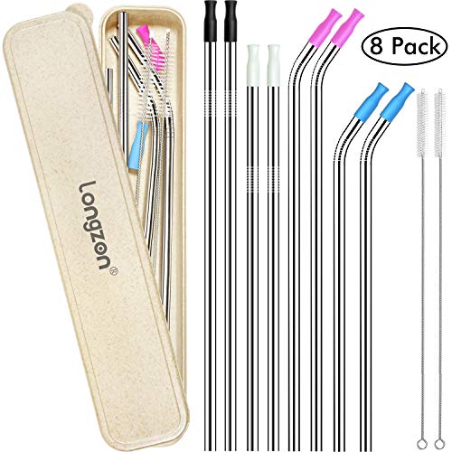 Longzon 8pcs Stainless Steel Metal Straws with Biodegradable Wheat Straw Material Carrying Case, 8.5