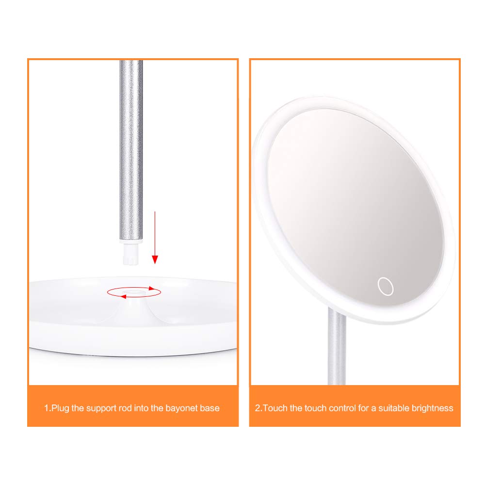 STARPIE Round Lighted Vanity Makeup Mirror with Rechargeable Natural White LED Daylight, Detachable, Storage Base, Touch Control, 360°Rotation and Dimmable Light Control By Touch Screen