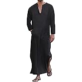YAOHUOLE Men's Kaftan Thobe Long Sleeve Men Thobe Robe Side Split Men Thobe with Pockets Casual Thobe
