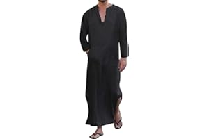 YAOHUOLE Men's Kaftan Thobe Long Sleeve Men Thobe Robe Side Split Men Thobe with Pockets Casual Thobe