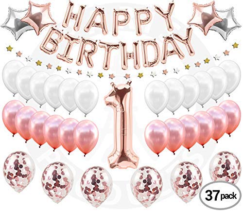 1st BIRTHDAY GIRL DECORATIONS (37 Piece Set) | Great for 1st Birthday Party Supplies and Rose Gold Party Decorations | Includes Rose Gold Confetti Balloons | Happy First BDay Princess Decorations - Thumbnail 2