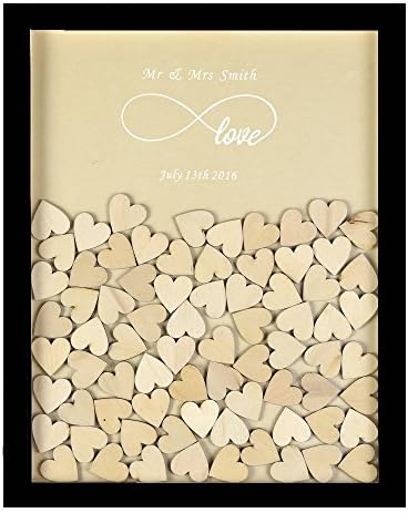 3D Wedding Guest Book Personalised Infinity Love Rustic Drop Top Fashion Signature Wooden Frame Guest Book Wood Drop Box Wedding Decoration With 120 Small Wood Hearts (Black &amp; Brimstone Yellow)