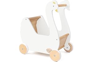 Pillowhale Wooden Doll Stroller, Baby Pram Toy, Wooden Swan Baby Walker for Toddler Boys & Girls 18 Months and Up