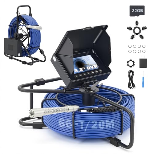 ZELCAN Endoscopic Camera with 4.3" LCD Screen 12 LED Lights Cable 20m 32GB Card, IP68 Waterproof Pipeline Inspection Camera, Sewer Camera Endoscope