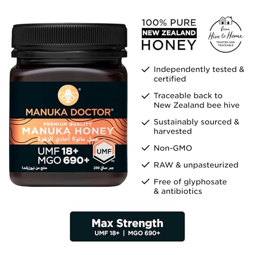 MANUKA DOCTOR - UMF 18+ MGO 690+ Manuka Honey Premium Quality Monofloral. 100% Pure New Zealand Honey. Certified. Guaranteed. RAW. Non-GMO (250g)