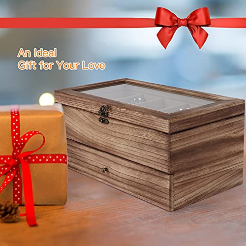 Meangood Watch Box Case, Sunglasses Holder for Men Women, 16 Slot 2 Tier Large Premium Wood Organizer with Glass Top, Rustic Style Torched Wood