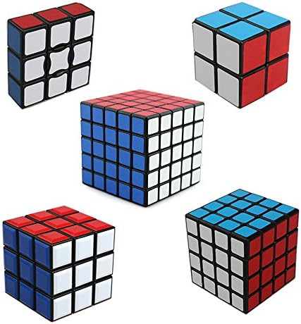HJXD Magic cube Set of 5 Pack1x3x3 2x2x2 3x3x3 4x4x4 5x5x5 Sticker Speed Cubes Classical Puzzle Black