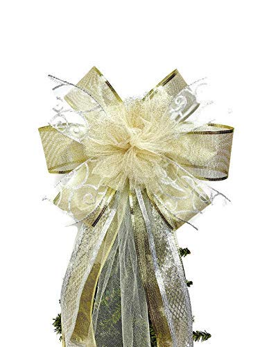 Wreath Bow, Silver and Gold, Cream Pom Pom Tree Topper, Door Decor, Gift Basket Bow, Wine Bottle Ribbon, Swag Bow