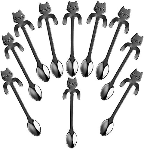 LemonBest 10pcs Coffee Spoons Stainless Steel Cat Dessert spoon Drink Spoons Mixing Spoon Milkshake Spoon Tableware Kitchen Supplies (Black)