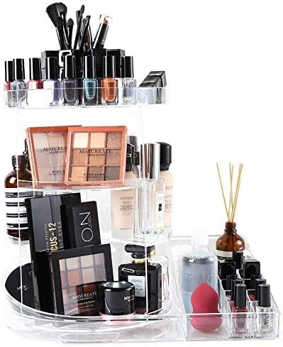 SUNFICON Rotating Makeup Organizer Detachable Makeup Storage Tray Large Cosmetic Holder 360 Spin Makeup Carousel Display Case Caddy Vanity Bathroom Countertop Birthday Christmas Gift Acrylic Clear
