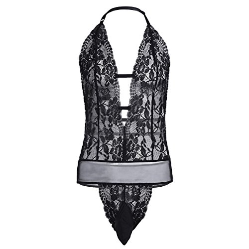 Sissy Men s One Piece Bulge Pouch Underwear Halter Lace Bodysuit 