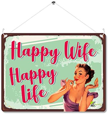 KruzroyalMP015 Happy Wife Happy Life Funny Novelty Retro Vintage Metal Wall Sign Plaque 20cm x 15cm