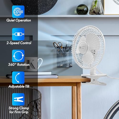 Comfort Zone Portable Clip on Stroller Fan, 6 inch with Fully Adjustable Tilt, Quiet 2 Speed Bedside Fan, Mini Desk Fan, Table Fan, Easily Clip on to Desk, Stroller or Bedroom Nightstand, Black