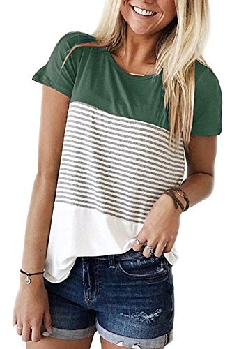 Women Shirts Summer Short Sleeve Striped Casual Tops T-Shirt Blouse Green M