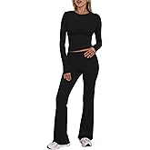 BORIFLORS Women's Workout 2 Piece Lounge Sets Long Sleeve Tops Foldover Flare Pants Casual Outfits Tracksuit