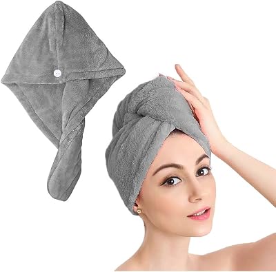 Shakeel Hair Towel Wrap Grey Quick-Dry Turban with Button