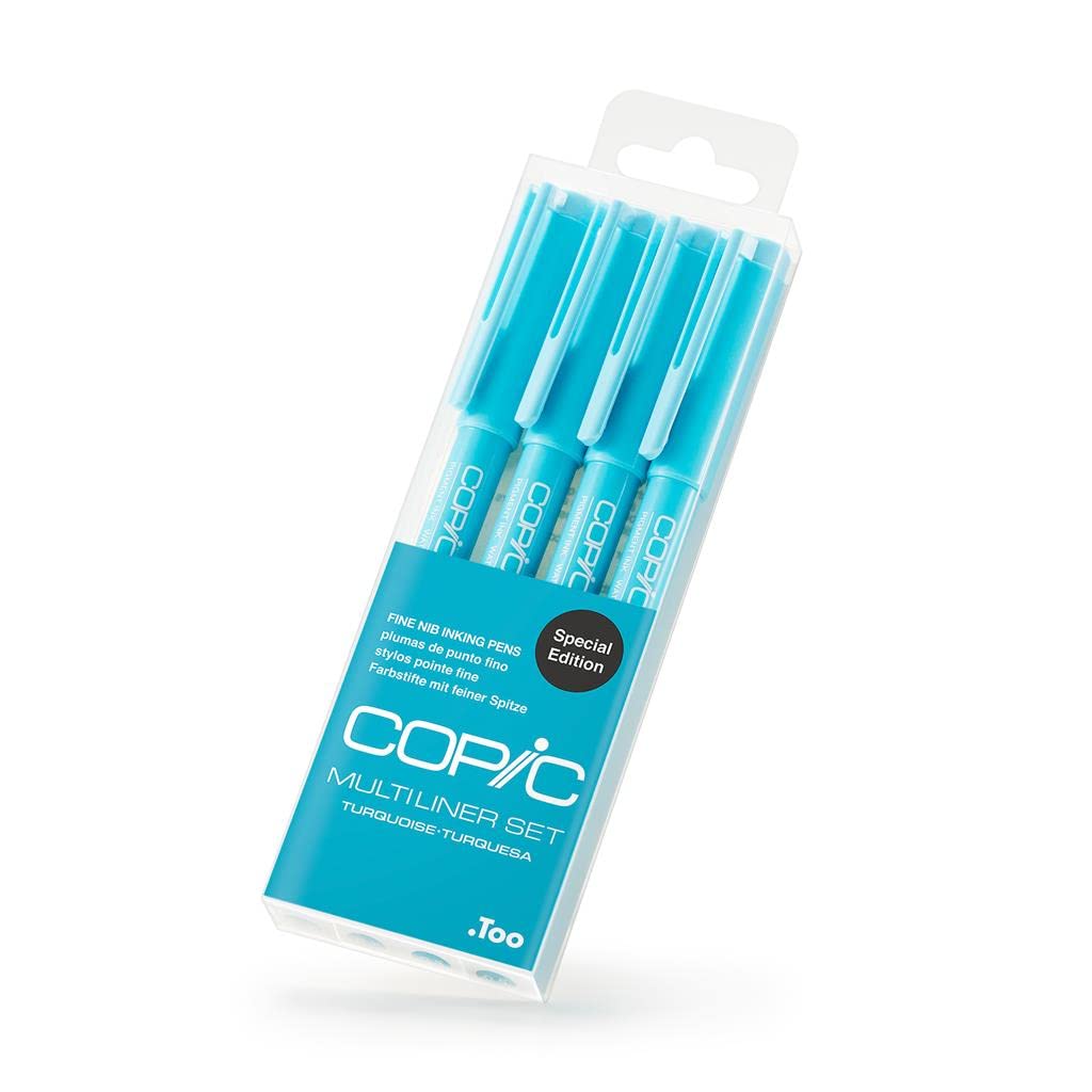 Copic Multiliner Marker 4 Piece Turquoise Set Permanent Ink Ideal For Writing, Graphics, Tracing, Scrapbooking, Essentials Stationery Supplies for Teachers, School, And University