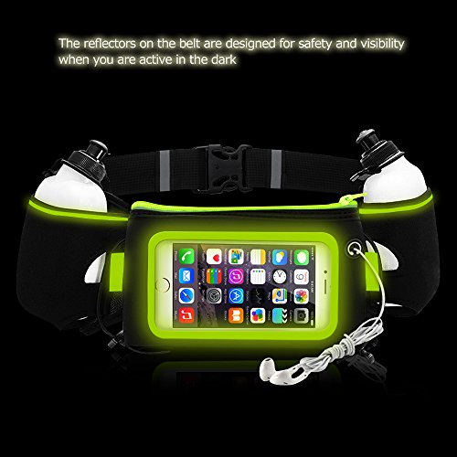 iRainy Neoprene Water-Proof Hydration Running Belt W Touchscreen Zipper Pockets Fitness Workout Belt with Two 12oz BPA-Free Leak-Proof Water Bottles Belt Fits All Smartphones (Green)