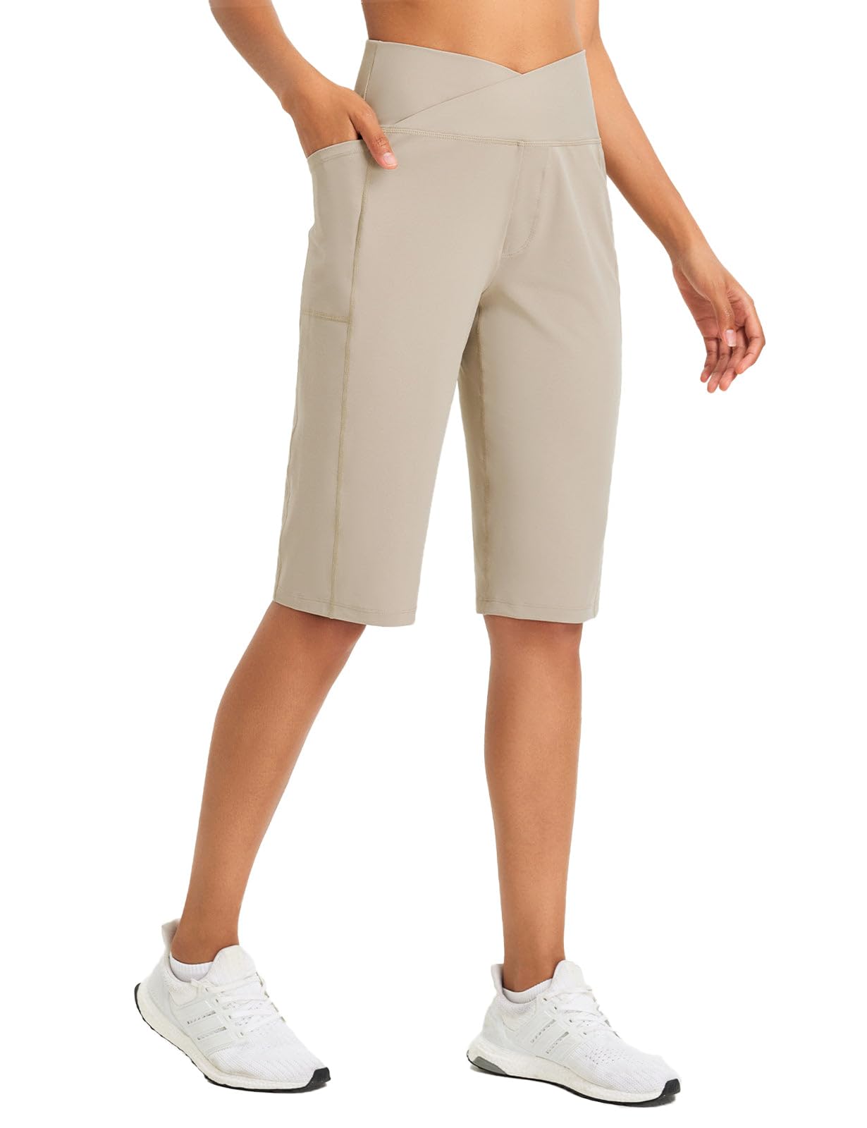 Photo 1 of **DAMAGE**baleaf Women's Bermuda Long Shorts 14" Knee Length Capri Pants High Waisted Athletic Shorts with Pockets Summer Casual Khaki M