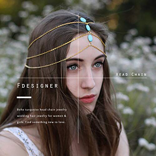 Fdesigner Boho Turquoise Head Chain Fashion Headdress Bride Head Piece Hair Jewelry for Women and Girls(Gold)