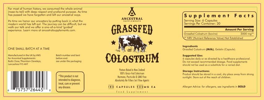 Ancestral Supplements Grass Fed Beef Colostrum Supplement, 3000 mg, Offers Immune Support and Promotes Gut Health, Athletic Performance, Healthy Iron Levels, Growth and Repair, Non GMO, 180 Capsules