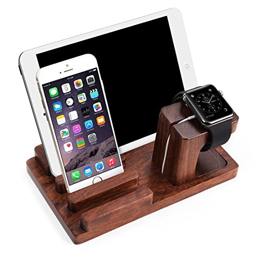 JUNCH Wooden Charge Dock Holder for iWatch and Docking Station Cradle Bracket for iPod, iPhone, iPad and Smartphones and Tablets, Dark Brown