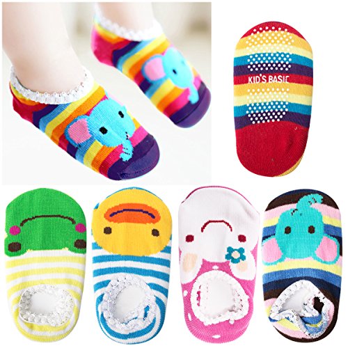 CIEHER 5 Pairs Cute Animal Stripes Non-Skid Baby Slipper Socks with Grip for 6-20 Months Baby Infants Toddler, 5 Cute Colors - Thumbnail 7