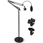 Pyle Microphone Boom Suspension Stand - Adjustable Scissor Spring Arm Floor Mic Stand with Shock Mount, Pop Filter, 3.1 ft Arm Extension for Podcast, Studio, Streaming, Radio Broadcasting, Black