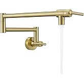 Fransiton Brushed Gold Pot Filler, Pot Filler Faucet Wall Mount, Brass Folding Stretchable with Double Joint Swing Arm Single Hole Two Handles Kitchen